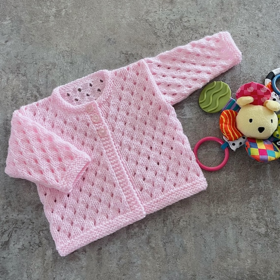 Hand Knitted Pink Baby Cardigan. Hand Knit Lacy Baby Cardigan. Lacy Baby Cardigan. New Baby Girl Present. 0-12 Month Baby Cardigans.