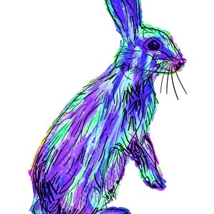 Peut inclure: Une illustration abstraite colorée d'un lapin avec un schéma de couleurs violet, bleu et vert. Le lapin est debout sur ses pattes arrière, ses pattes avant levées.