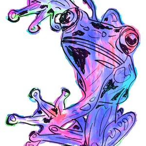 Peut inclure: Une illustration abstraite colorée d'une grenouille avec une lavis aquarelle bleue, rose et verte. La grenouille est dessinée dans un style cartoon avec de grands yeux et une grande bouche.