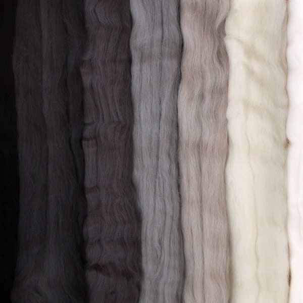 7 oz Australian Merino Wool Roving 7 colors Extra Fine 19 microns gradient gray kit sample pack Felting Spinning extrafine felt supply