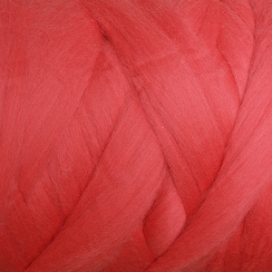May include: Close-up of coral-colored roving wool, showing the soft texture and interwoven fibers. The wool is a vibrant shade of red-orange, ideal for various fiber art projects like felting, spinning, and weaving. The image highlights the natural texture.