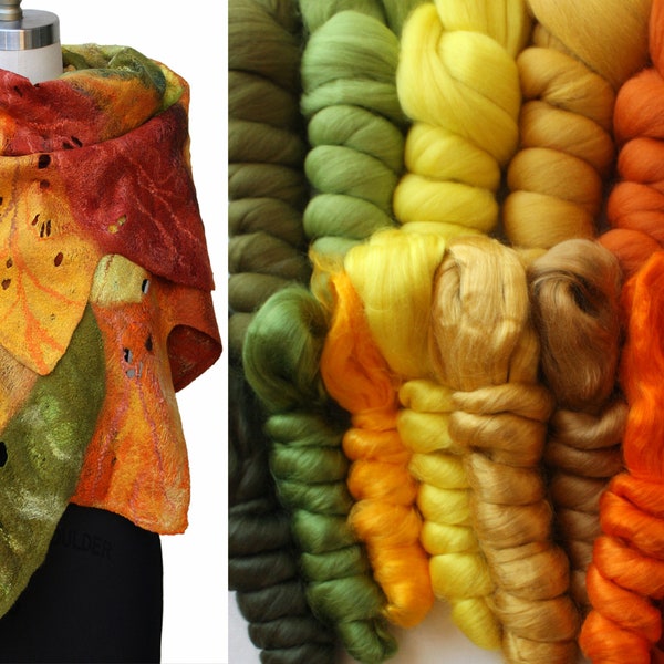 Felting Kit Autumn Leaves Scarf Wet Felting kit - Tutorial, supply kit felting, includes all materials and instructions for a felted scarf