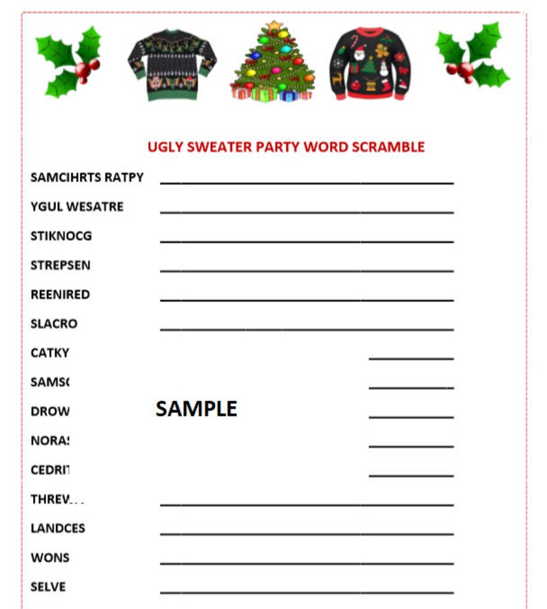 UGLY SWEATER PARTY Christmas Word Game Very Fun for All Ages to
