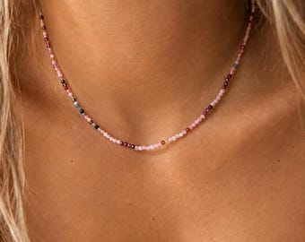 Beaded Gemstone Necklace — Waterproof 18K Gold — Adjustable Boho Layering Choker