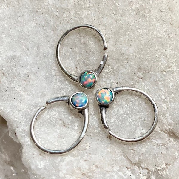 Silver Septum Ring, Boho Septum Piercing,Opal Septum Nose Ring jewelry