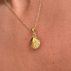 May include: A gold necklace with a seashell pendant. The pendant is detailed, and the chain is fine. The necklace is worn around the neck, against a background of skin and a light green and white patterned top.