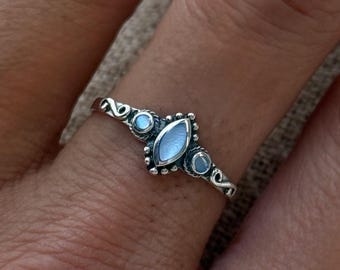 Blue Marquise Mother of Pearl Ring – Sterling Silver Shell Band – Ocean Inspired Boho Jewelry