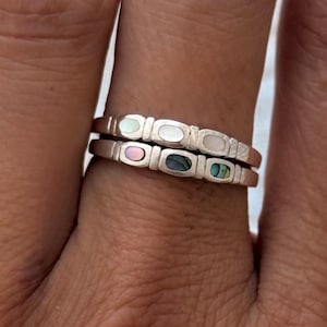 925 Sterling Silver Shell Ring Set of 2, Stackable Bands, Abalone & Mother of Pearl