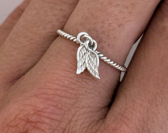 Sterling Silver Wing Charm Ring, Twisted Rope Band, Adjustable