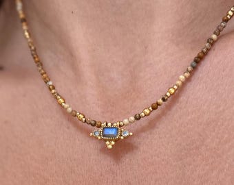 Jasper Beaded Choker with Gold Pendant, Handmade Boho Gemstone Necklace, Dainty Layering Gift for Her
