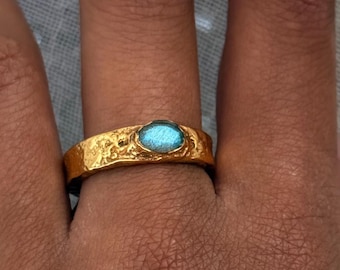 Labradorite Ring – Chunky Gold Band – Blue Flash Statement Ring for Women