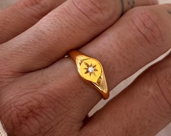18K Gold Signet Ring, Zircon Northern Star, Celestial Jewelry