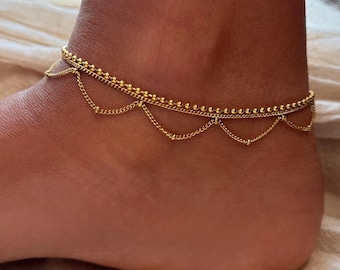 Gold Anklet – Layered Beaded Chain Anklet – Waterproof Boho Ankle Bracelet