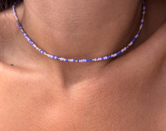 Purple Beaded Necklace – Glass Seed Bead Choker – Dainty Pastel Necklace