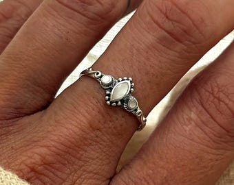 Marquise Mother of Pearl Ring – Sterling Silver Ornate Shell Band, Boho Ocean Jewelry