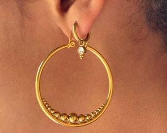 18K Gold Beaded Hoop Earrings, Graduated Gold Hoops, Hypoallergenic Statement Earrings