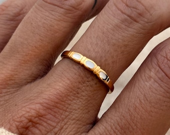 White Shell Ring – Gold Vermeil Three Stone Band – Dainty Stacking Ring