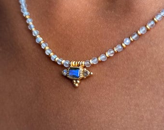 Dainty Labradorite Beaded Necklace, Gemstone Choker with Gold Pendant, Layering Crystal Necklace Gift for Her