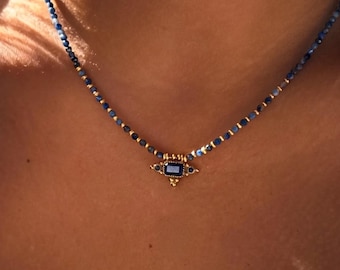 Lapis Lazuli Necklace – Beaded Gemstone Choker – Blue Stone Boho Pendant Necklace