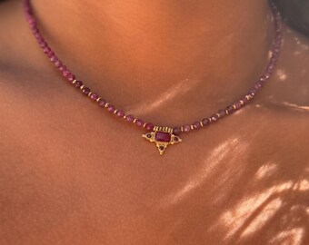 Ruby Choker Necklace – Purple Ruby Stone Beads with Brass Star Pendant