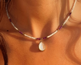 Freshwater Pearl and Ruby Necklace with Drop Pendant Boho Choker