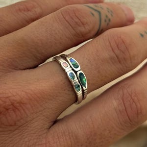 Abalone Shell Ring Set of 2, Sterling Silver Stacking Rings, Iridescent Ocean Stack, Minimal Layered Bands