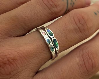 Abalone Shell Ring Set of 2, Sterling Silver Stacking Rings, Iridescent Ocean Stack, Minimal Layered Bands