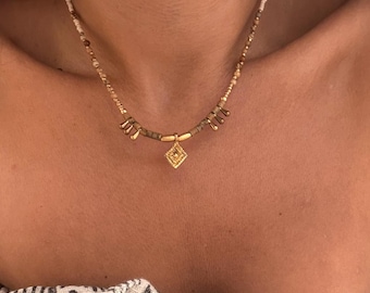 Brass Pendant Necklace – Jasper and Glass Bead Choker – Tribal Boho Necklace