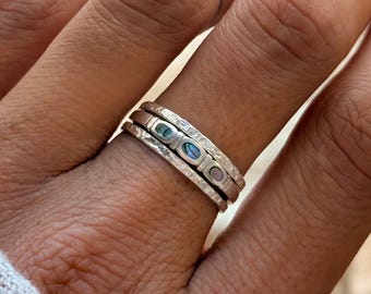 Sterling Silver Ring Stack Set, Abalone Shell Ring with Hammered Bands, Minimalist Stacking Rings, 3 Piece Silver Ring Set