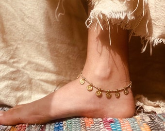 Soleil Sun Charm boho gold beaded anklet, gold anklet, brass beaded anklet, boho anklet