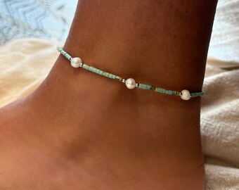 Turquoise Anklet – Freshwater Pearl Beaded Ankle Bracelet – Boho Beach Anklet