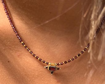 Garnet Beaded Necklace – Ornate Brass Pendant – Natural Gemstone Choker