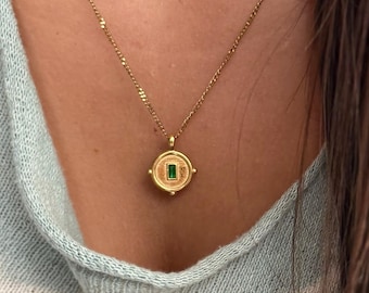 Gemstone Pendant Necklace – Gold Coin Medallion – Waterproof 18K Gold Bonded Chain