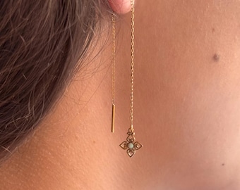 Opal Threader Earrings – Gold Chain Drop Earrings – Dainty Flower Threaders