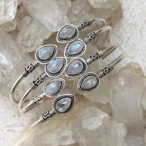 Sterling Silver Aura Rainbow Moonstone Adjustable Bangle, Tribal Gemstone Bracelet, Elegant Silver Plated Jewelry