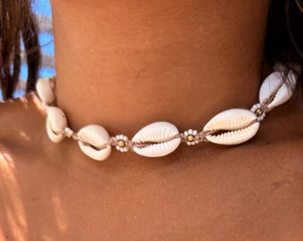 Cowrie Shell Choker – Adjustable Waxed Cord Necklace – Handmade Beach Jewelry