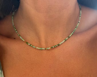 Green Beaded Necklace – Waterproof Seed Bead Choker – Handmade Boho Necklace
