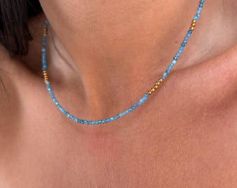 Blue Apatite Necklace – Blue Beaded Choker – Dainty Boho Gemstone Necklace