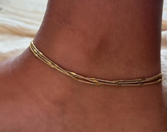 Gold Snake Chain Anklet – Layered Tube Bead Ankle Bracelet – Waterproof Anklet