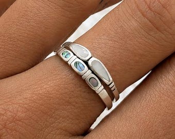 Shell Ring Set of 2, Abalone and Mother of Pearl Rings, Sterling Silver Stacking Bands, Dainty Mixed Stack jewelry