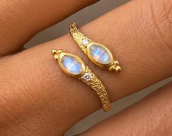 Two Stone Rainbow Moonstone Ring — Adjustable Brass Band — 18k Gold Plated