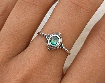 925 Sterling Silver Shell Ring with Bead Detail Boho Bezel Ring Handmade