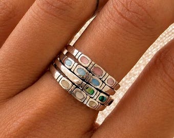 Abalone Shell Inlay Ring • Sterling Silver Stackable Band • Mother of Pearl Ring
