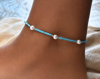 Blue Beaded Anklet – Freshwater Pearl Ankle Bracelet – Dainty Summer Anklet