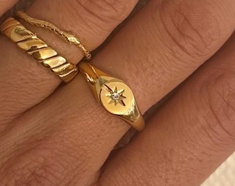 18K Gold Signet Ring, Zircon Northern Star, Celestial Jewelry