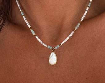 Boho Pearl Drop Necklace • Gold Layered Beach Necklace • Natural Shell Pendant Jewelry