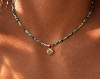 Turquoise Beaded Necklace with Gold Shell Charm, Adjustable Beach Choker, Handmade Gemstone Jewelry Gift for Her