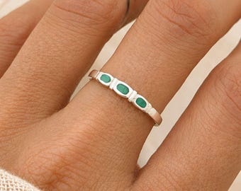 925 Sterling Silver Green Turquoise Ring with Thin Stacking Band