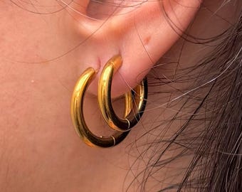 18K Gold Tube Hoop Earrings, Small Chunky Hoops, Hypoallergenic Waterproof, Everyday Minimal Jewelry