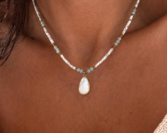 Boho Pearl Drop Necklace • Gold Layered Beach Necklace • Natural Shell Pendant Jewelry